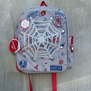 Gray and Red Kids Backpack with Spider Web Design